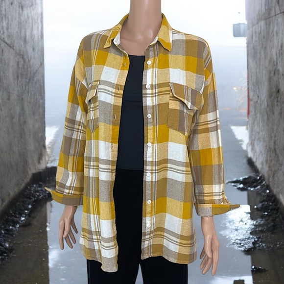 PaperMoon Mustard Flannel Plaid Oversized Button Down Shirt - Picture 7 of 16